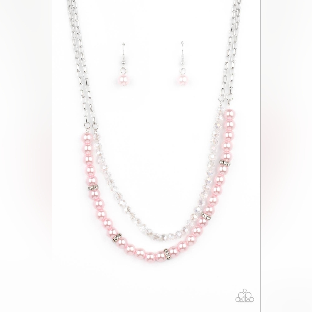 Parisian Princess Pink Necklace Layered Pearl Clear Fashion Jewelry